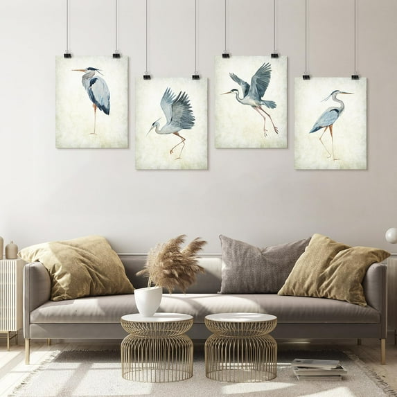 PixonSign Adhesive Wall Art Watercolor Heron Bird Collection Posters, Set of 4 Elegant Herons in Various Poses Illustrations Wall Decor, Animals Canvas Prints for Home Decor - 11"x14"