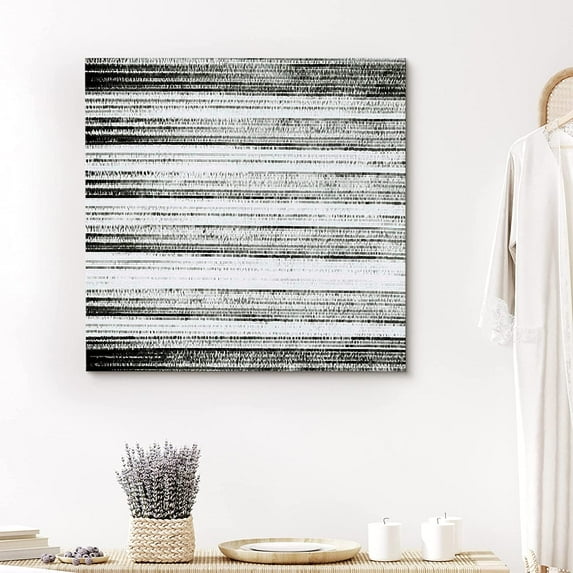 PixonSign Canvas Print Wall Art Abstract Horizontal Lines Geometric Shapes Illustrations Modern Art Alternative Edgy Dark Black and White for Living Room, Bedroom, Office - 16"x16"