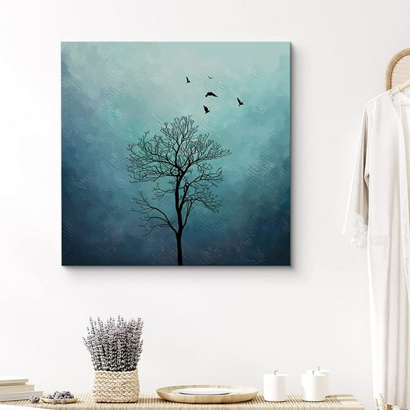 PixonSign Canvas Print Wall Art Birds Flock Over Treetop Animals Wilderness Illustrations Modern Art Minimalist Scenic Colorful Green Dark for Living Room, Bedroom, Office - 24x24 inches