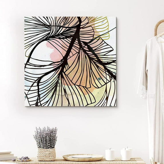 PixonSign Canvas Print Wall Art Black & Orange Flower Line Art Botanical Wilderness Illustrations Modern Art Glam Colorful Multicolor Pastel for Living Room, Bedroom, Office - 24"x24"