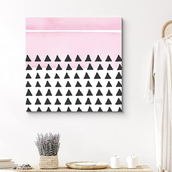 PixonSign Canvas Print Wall Art Black Triangles Over Pink Colorfield Geometric Shapes Illustrations Modern Art Modern Colorful Multicolor Pastel for Living Room, Bedroom, Office - 24x24 inches