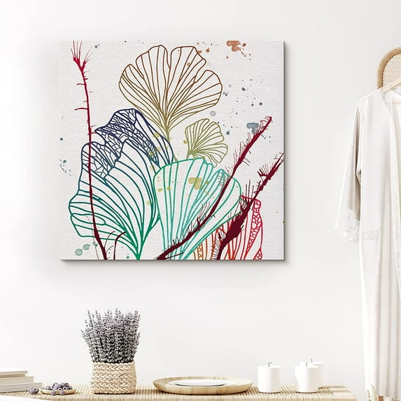 PixonSign Canvas Print Wall Art Blue, Green & Red Flower Line Art Botanical Wilderness Illustrations Modern Art Glam Colorful Multicolor Pastel for Living Room, Bedroom, Office - 24"x24"