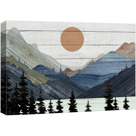 PixonSign Canvas Print Wall Art Blue Mountain Pine Forest Nature Wilderness Digital Art Wood Panel Landscape Farmhouse/Country Relax/Calm/Cozy Geometric Abstract - 32"x48"