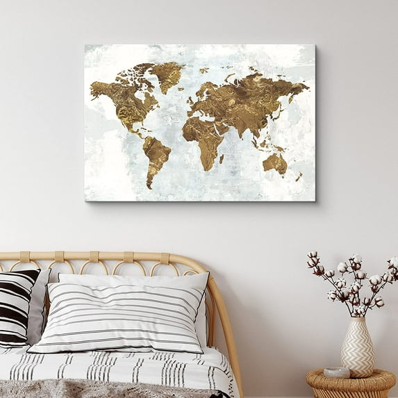 PixonSign Canvas Print Wall Art Brown, Blue and White World Map Landscape Islands Digital Art Modern Art Contemporary Aerial Colorful Multicolor Warm for Living Room, Bedroom, Office - 32"x48"