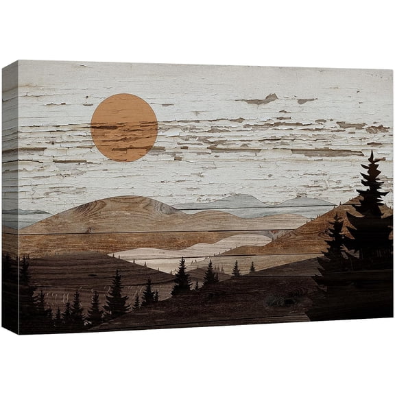 PixonSign Canvas Print Wall Art Brown Mountain Range Forest Nature Wilderness Digital Art Wood Panel Landscape Farmhouse/Country Relax/Calm/Cozy Geometric Abstract - 12"x18"