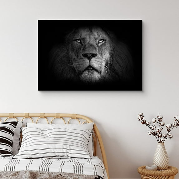 PixonSign Canvas Print Wall Art Close-Up Lion Portrait Animals Wildlife Photography Realism Modern Dramatic Grey Dark Black and White for Living Room, Bedroom, Office - 16"x24"