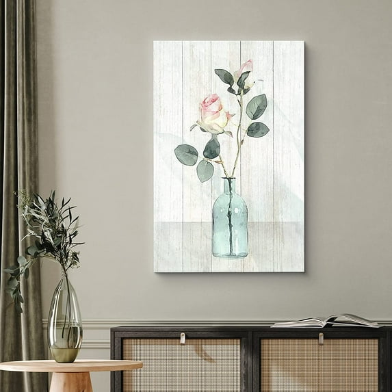 PixonSign Canvas Print Wall Art Delicate Watercolor Smudge Pink Rose Floral Wilderness Digital Art Modern Art Chic Closeup Relax/Calm Green Pastel for Living Room, Bedroom, Office - 32"x48"