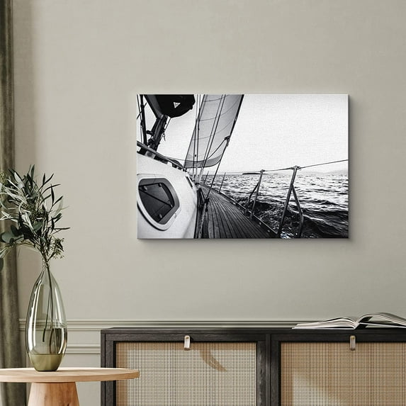 PixonSign Canvas Print Wall Art Detailed Deck View of Sailboat Transportation Ocean Photography Realism Beach Scenic Relax/Calm Cool Black and White for Living Room, Bedroom, Office - 24"x36"
