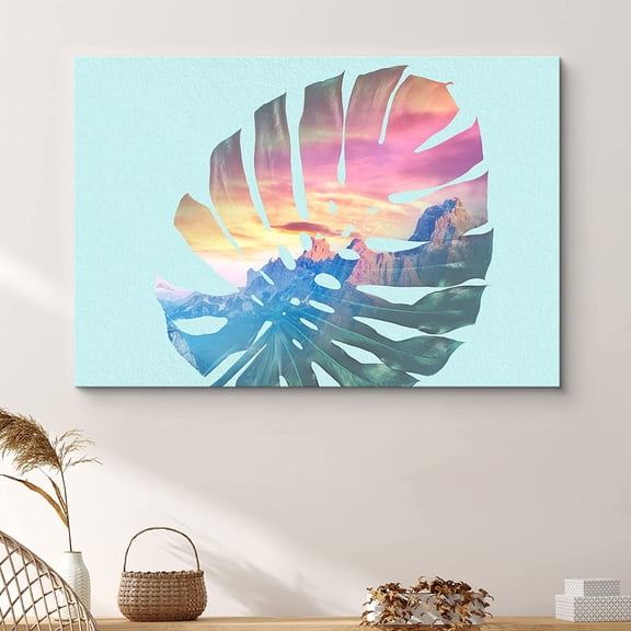 PixonSign Canvas Print Wall Art Double Exposure Monstera Leaf & Sky Nature Wilderness Illustrations Modern Art Contemporary Scenic Relax/Calm Multicolor for Living Room, Bedroom, Office - 32x48