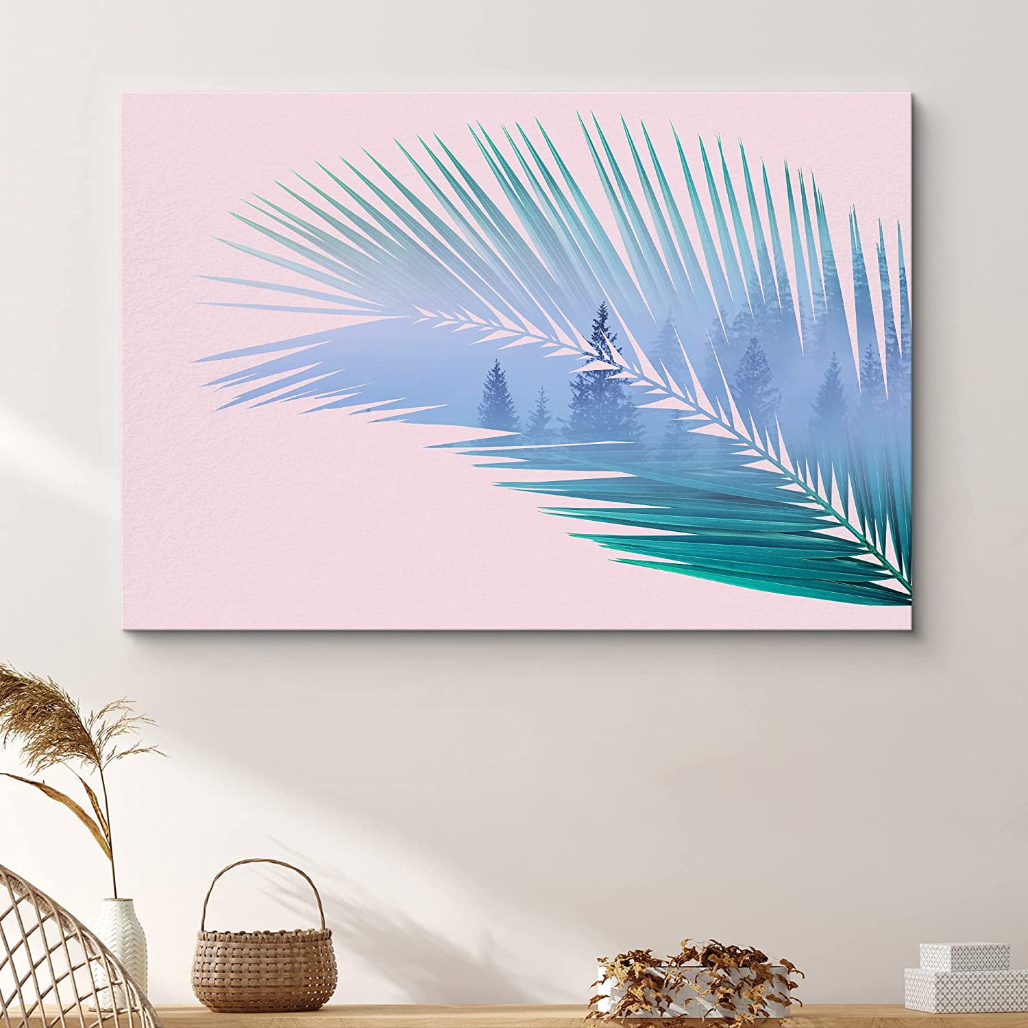 PixonSign Canvas Print Wall Art Double Exposure Palm Leaf & Forest ...