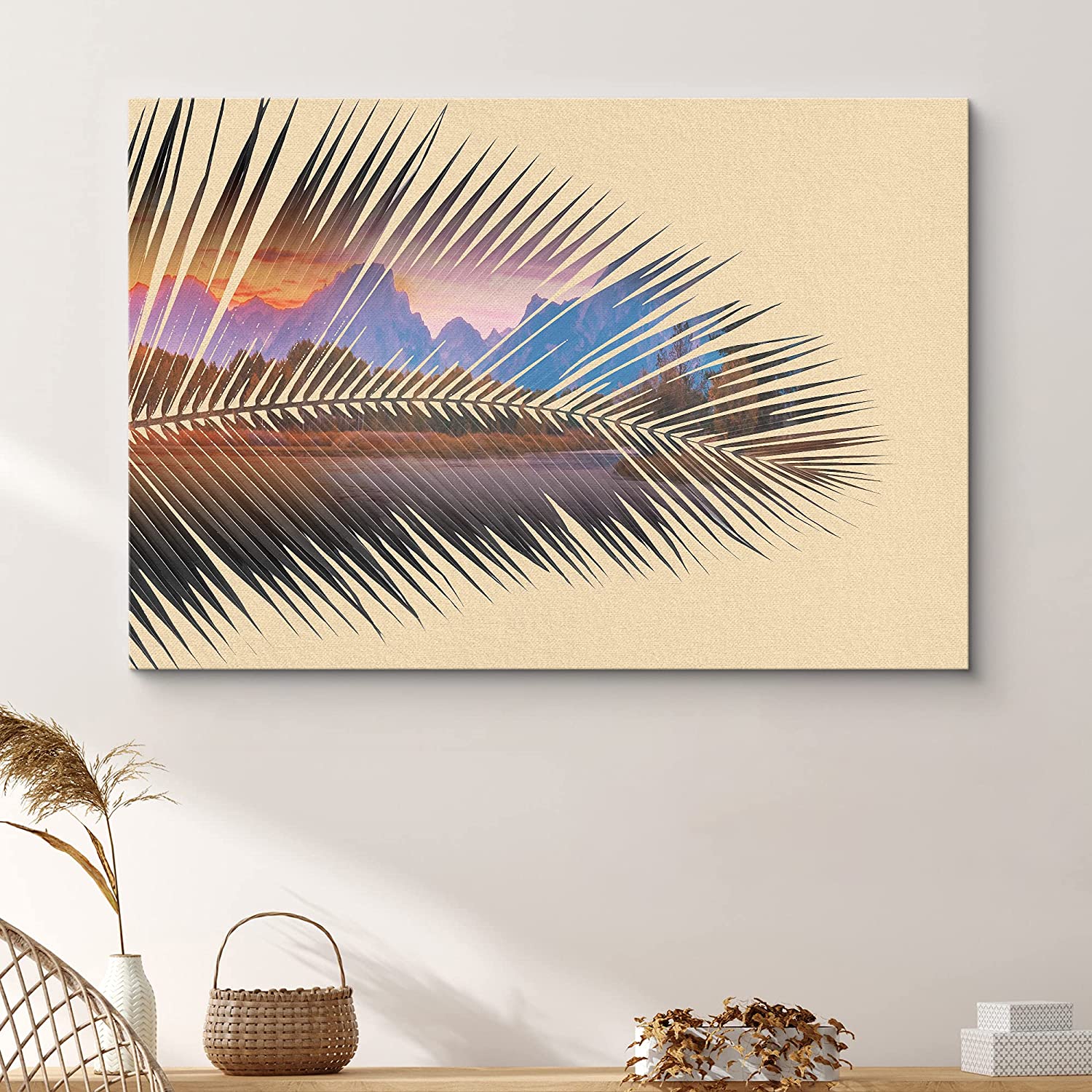 PixonSign Canvas Print Wall Art Double Exposure Palm Leaf & Mountains ...