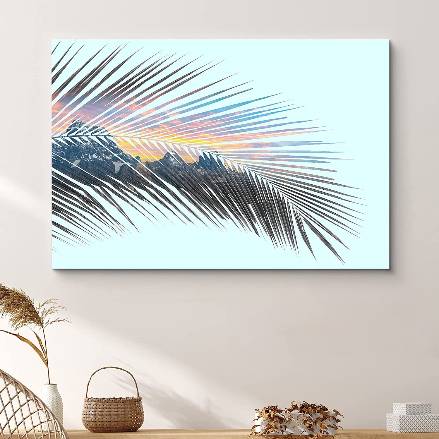 PixonSign Canvas Print Wall Art Double Palm Leaf & Mountain Nature ...