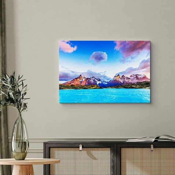 PixonSign Canvas Print Wall Art Extreme Contrast Neon Blue Ocean & Mountains Nature Wilderness Photography Realism Rustic Landscape Dramatic Multicolor Neon for Living Room, Bedroom, Office - 24"x36"