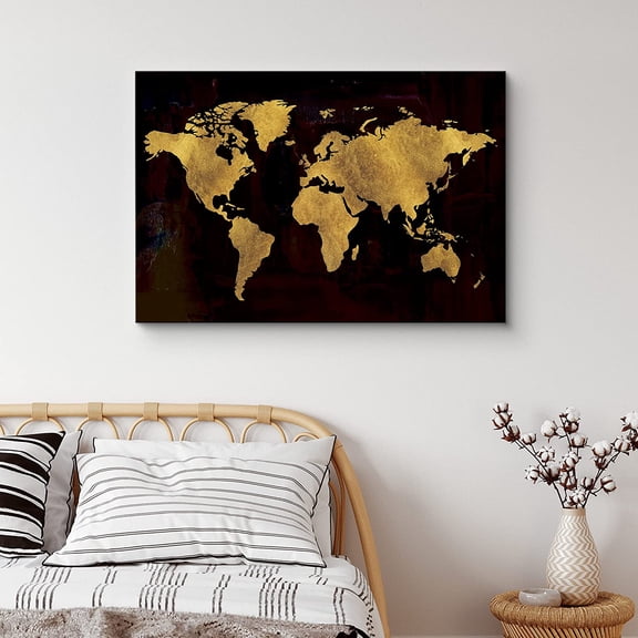 PixonSign Canvas Print Wall Art Gold Gradient Black World Map Landscape Islands Digital Art Modern Art Contemporary Aerial Colorful Multicolor Warm for Living Room, Bedroom, Office - 16"x24"