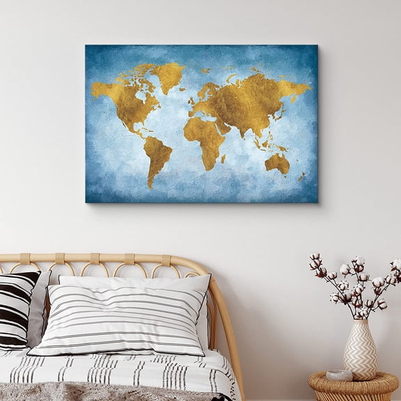 PixonSign Canvas Print Wall Art Gold Texture Style Blue World Map Landscape Islands Digital Art Modern Art Contemporary Aerial Colorful Multicolor Warm for Living Room, Bedroom, Office - 32"x48"