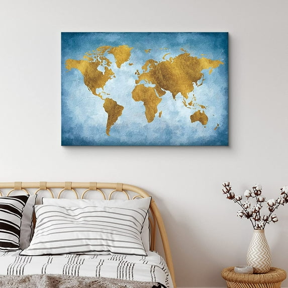 PixonSign Canvas Print Wall Art Gold Texture Style Blue World Map Landscape Islands Digital Art Modern Art Contemporary Aerial Colorful Multicolor Warm for Living Room, Bedroom, Office - 32"x48"
