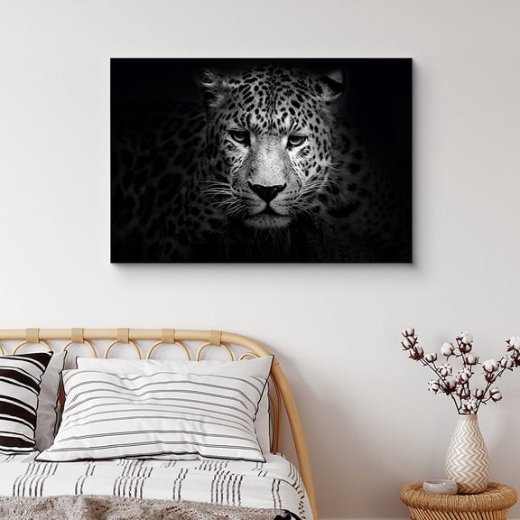 PixonSign Canvas Print Wall Art Graphic Leopard Portrait Animals Wildlife Photography Realism Modern Dramatic Grey Dark Black and White for Living Room, Bedroom, Office - 32"x48"
