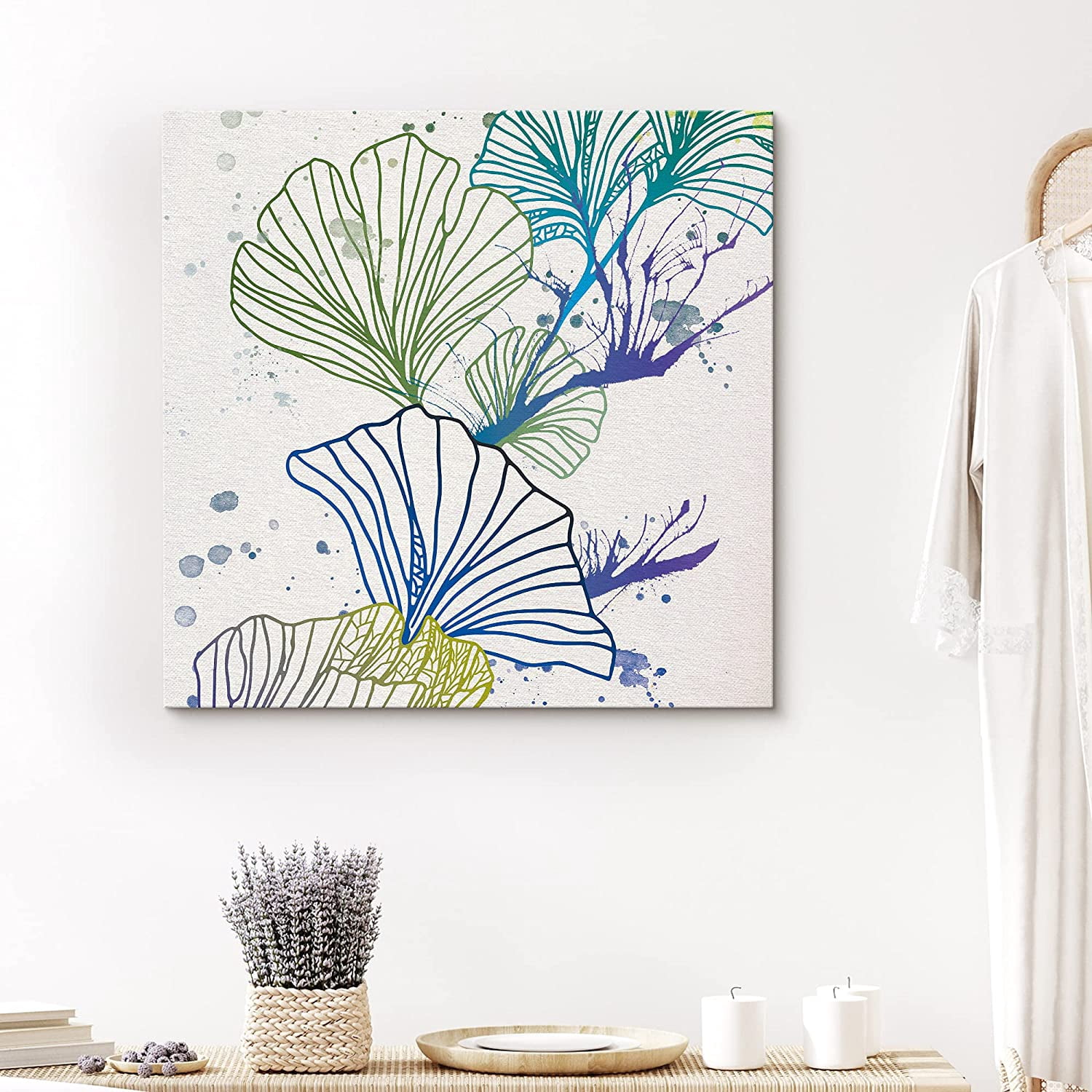 PixonSign Canvas Print Wall Art Green & Blue Flower Line Art Botanical ...