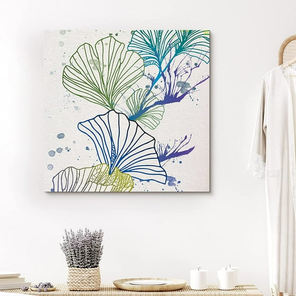 PixonSign Canvas Print Wall Art Green & Blue Flower Line Art Botanical Wilderness Illustrations Modern Art Glam Colorful Multicolor Pastel for Living Room, Bedroom, Office - 12"x12"