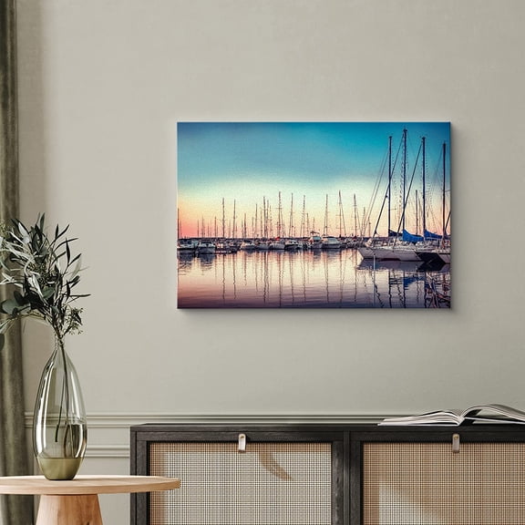 PixonSign Canvas Print Wall Art High Contrast Docked Boat Water Reflection Nature Wilderness Photography Realism Nautical Landscape Relax/Calm Multicolor Neon for Living Room, Bedroom - 24"x36"