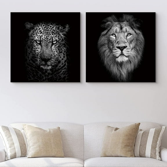 PixonSign Canvas Print Wall Art High Contrast Leopard & Lion Close-Up Animals Wildlife Photography Realism Romantics Dramatic Dark Black and White for Living Room, Bedroom, Office - 24"x24" x 2