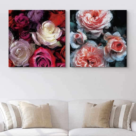PixonSign Canvas Print Wall Art Italian Master Textured Multicolor Roses Floral Wilderness Illustrations Fine Art Romantics Closeup Relax/Calm Ultra for Living Room, Bedroom, Office - 24"x24" x 2