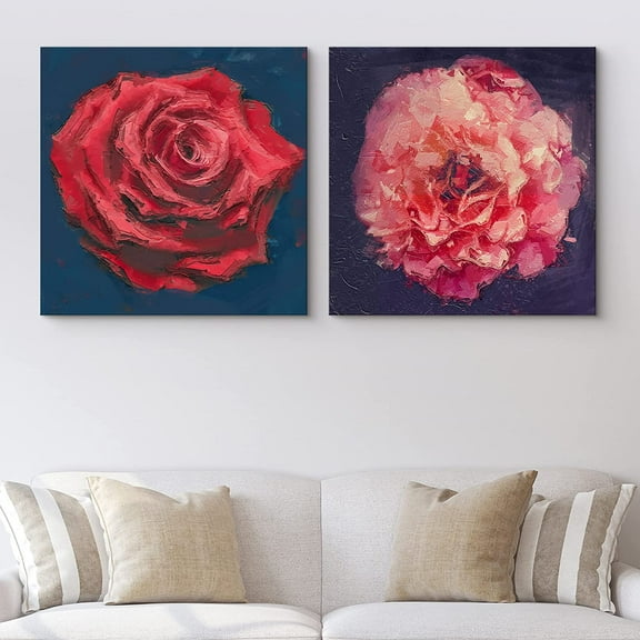 PixonSign Canvas Print Wall Art Italian Master Textured Red Rose Duo Floral Wilderness Illustrations Fine Art Romantics Closeup Relax/Calm Ultra for Living Room, Bedroom, Office - 24"x24" x 2