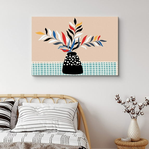 PixonSign Canvas Print Wall Art Long White, Black, Blue Leaves in Vase Floral Wilderness Digital Art Modern Art Chic Group Relax/Calm Multicolor Ultra for Living Room, Bedroom, Office - 32"x48"