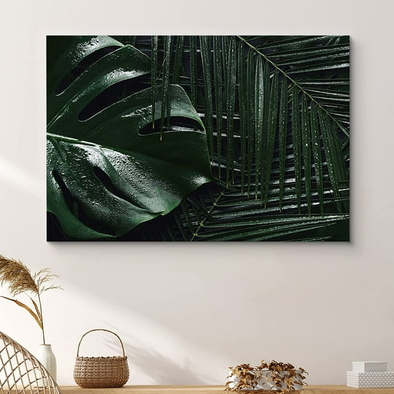 PixonSign Canvas Print Wall Art Monstera and Palm Leaves Nature Wilderness Photography Realism Contemporary Closeup Relax/Calm Multicolor Ultra for Living Room, Bedroom, Office - 12x18