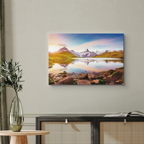 PixonSign Canvas Print Wall Art Neon Mountain Range and Forest Reflection Nature Wilderness Photography Realism Rustic Landscape Dramatic Multicolor Neon for Living Room, Bedroom, Office - 24"x36"