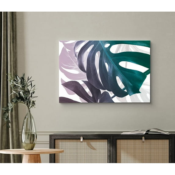 PixonSign Canvas Print Wall Art Pink & Green Transparent Monstera Collage Floral Wilderness Drawings Modern Art Tropical Closeup Colorful Multicolor Cool for Living Room, Bedroom, Office - 32"x48"