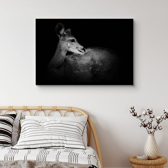 PixonSign Canvas Print Wall Art Portrait of Deer Side Profile Animals Wildlife Photography Realism Minimalist Closeup Relax/Calm Dark Black and White for Living Room, Bedroom, Office - 24"x36"