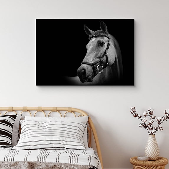 PixonSign Canvas Print Wall Art Portrait of Horse with Reins Animals Wildlife Photography Realism Minimalist Closeup Relax/Calm Dark Black and White for Living Room, Bedroom, Office - 16"x24"
