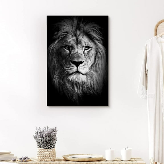 PixonSign Canvas Print Wall Art Portrait of Lion Animals Wildlife Photography Realism Modern Closeup Dramatic Dark Black and White for Living Room, Bedroom, Office - 24"x36"