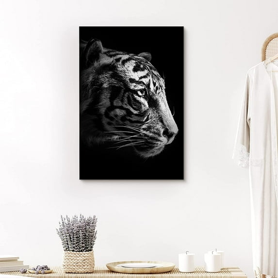 PixonSign Canvas Print Wall Art Portrait of Tiger Animals Wildlife Photography Realism Modern Closeup Dramatic Dark Black and White for Living Room, Bedroom, Office - 32"x48"