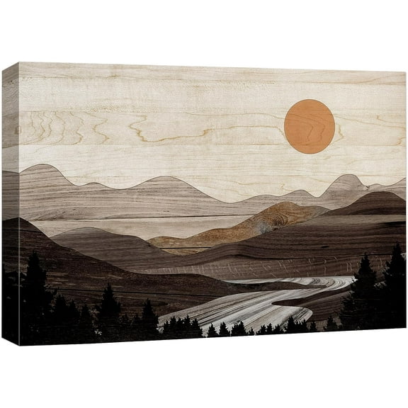 PixonSign Canvas Print Wall Art River Mountain Range Forest Nature Wilderness Digital Art Wood Panel Landscape Farmhouse/Country Relax/Calm/Cozy Geometric Abstract - 12"x18"