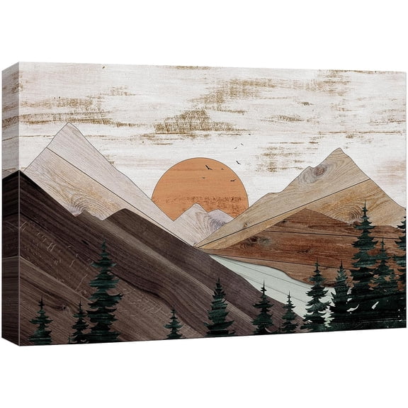 PixonSign Canvas Print Wall Art Rustic Brown Mountain Trees Nature Wilderness Digital Art Wood Panel Landscape Farmhouse/Country Relax/Calm/Cozy Geometric Abstract - 12"x18"