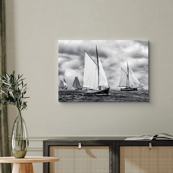 PixonSign Canvas Print Wall Art Sailboat Fleet with Large White Sails Transportation Ocean Photography Realism Beach Scenic Relax/Calm Cool Black and White for Living Room, Bedroom, Office - 12"x18"