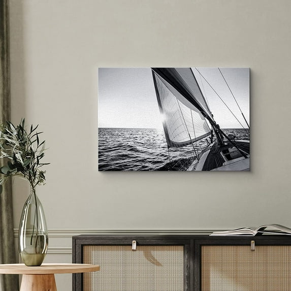 PixonSign Canvas Print Wall Art Sailboat on The Sunlit Horizon Transportation Ocean Photography Realism Beach Scenic Relax/Calm Cool Black and White for Living Room, Bedroom, Office - 24"x36"