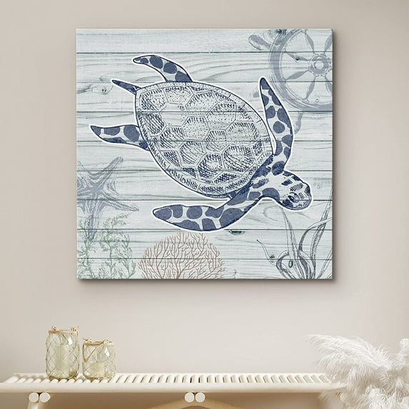 PixonSign Canvas Print Wall Art Sea Turtle Swims in Ocean Animals Beach Digital Art Modern Art Nautical Relax/Calm Blue Duotone for Living Room, Bedroom, Office - 12"x12"