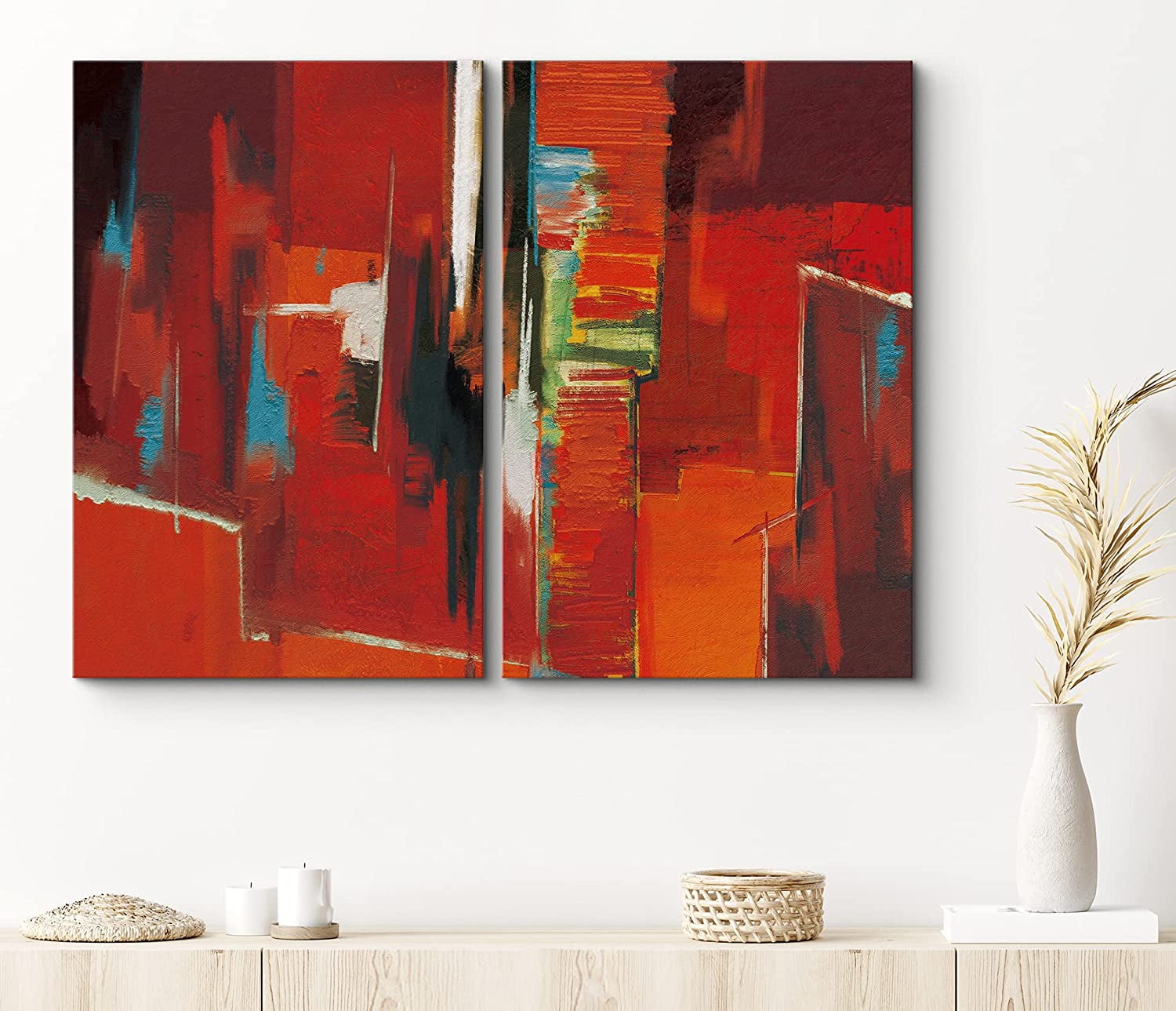 PixonSign Canvas Print Wall Art Set Abstract Red Brushstroke Landscape ...