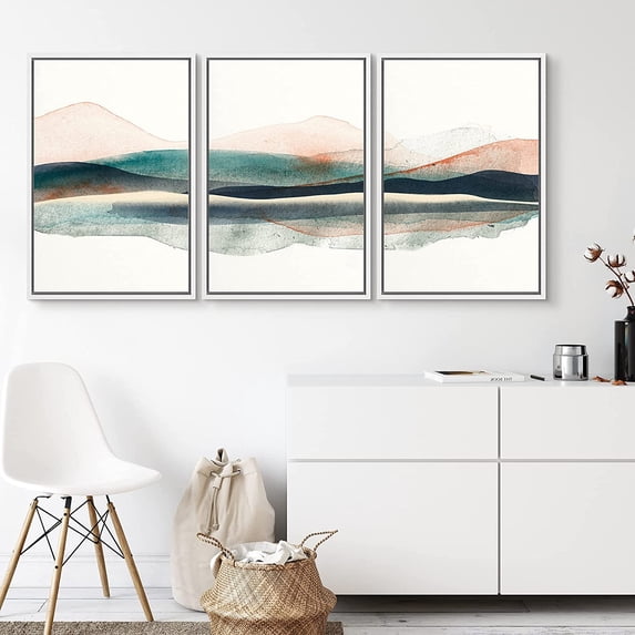 PixonSign Canvas Print Wall Art Set Abstract Watercolor Green Mountains Geometric Wilderness Illustrations Modern Art Rustic Landscape Pastel for Living Room, Bedroom, Office - 24"x36"x3 White