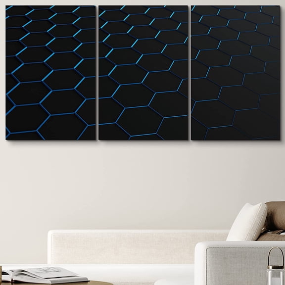 PixonSign Canvas Print Wall Art Set Blue Hexagon Honeycomb Array Abstract Patterns Digital Art Minimalism Industrial Closeup Dramatic Multicolor Dark for Living Room, Bedroom, Office - 16"x24"x3
