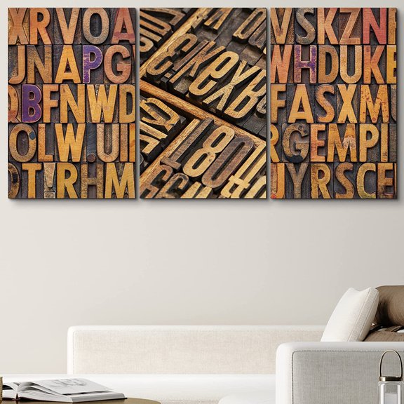 PixonSign Canvas Print Wall Art Set Brown & Purple Wood Block Letter Variety Decorative Patterns Typography Modern Art Industrial Colorful Multicolor Warm for Living Room, Bedroom, Office - 16"x24"x3