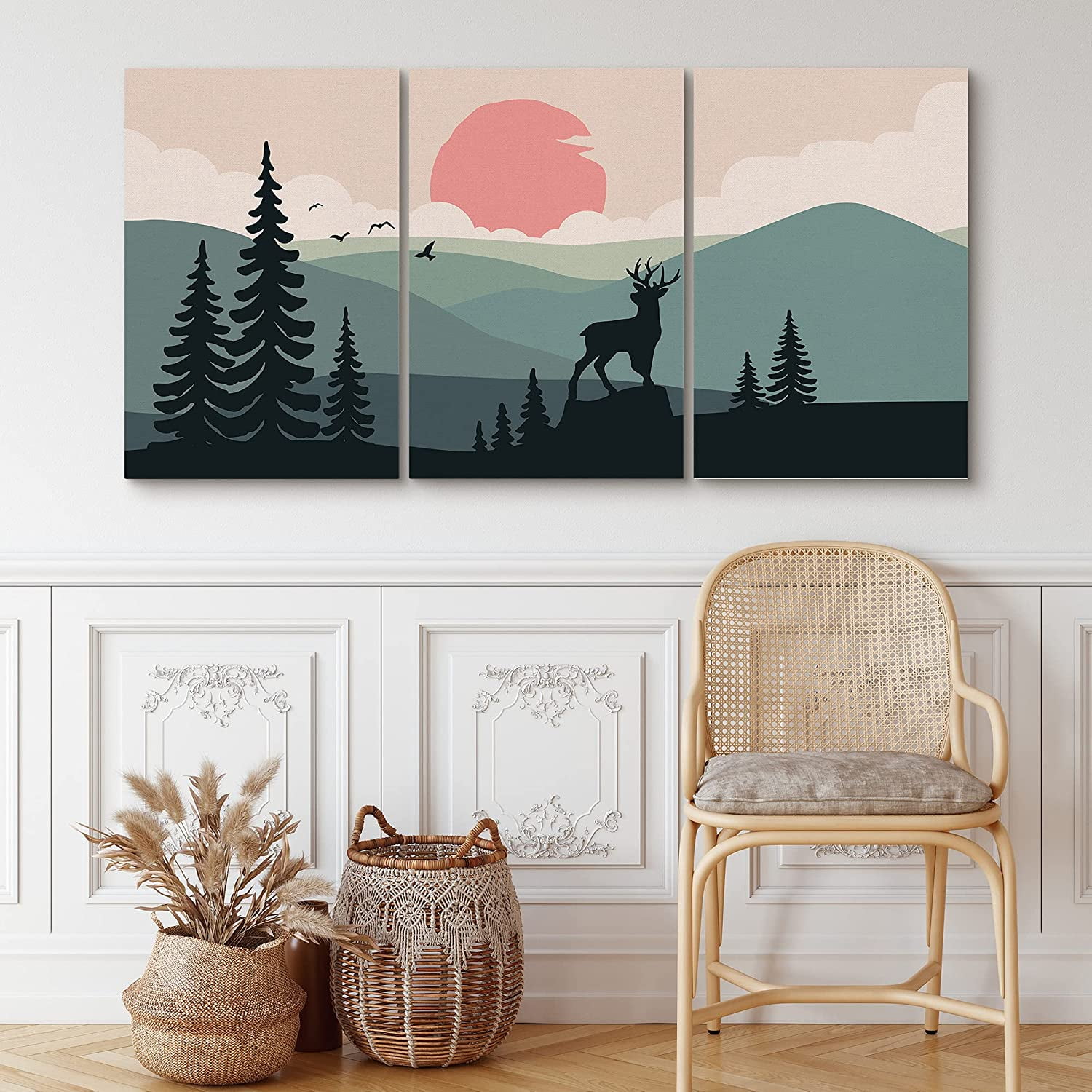 PixonSign Canvas Print Wall Art Set Deer Above Green Mountain Range ...
