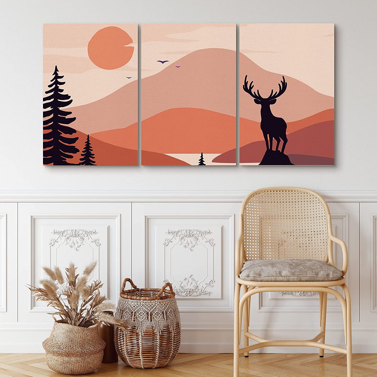 PixonSign Canvas Print Wall Art Set Deer Above Orange Mountain Peak ...
