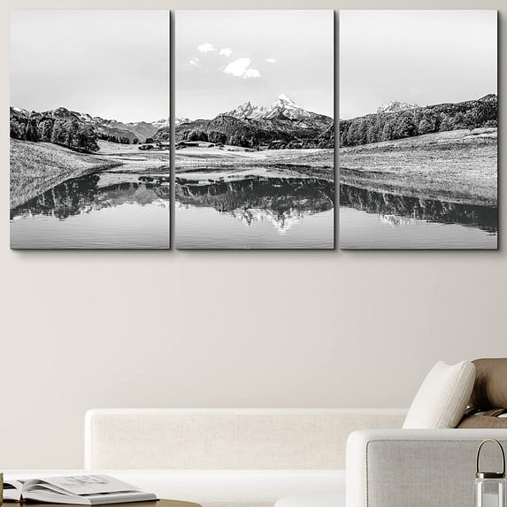PixonSign Canvas Print Wall Art Set Film Grain Mountain & Field Reflection Nature Wilderness Photography Realism Rustic Landscape Relax/Calm Black and White for Living Room, Bedroom - 24"x36"x3
