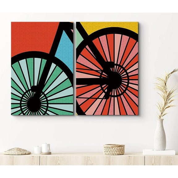 PixonSign Canvas Print Wall Art Set Geometric Close-Up of Bike Pedal and Wheel Kids Shapes Illustrations Modern Art Chic Urban Multicolor Ultra for Living Room, Bedroom, Office - 24"x36"x2