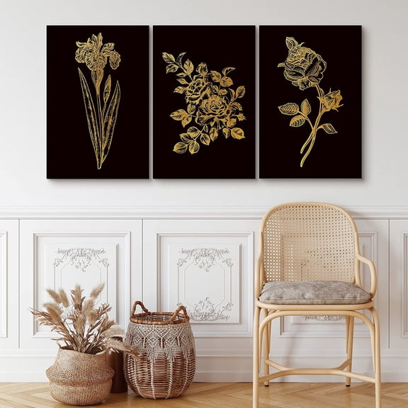 PixonSign Canvas Print Wall Art Set Gold and Black Flower Array Floral Wilderness Illustrations Minimalism Farmhouse/Country Group Dramatic Multicolor Dark for Living Room, Bedroom, Office - 24"x36"x3