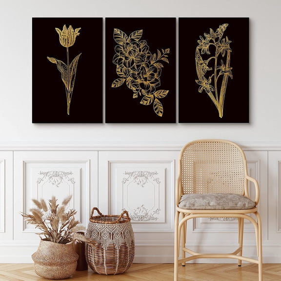 PixonSign Canvas Print Wall Art Set Gold and Black Flower Variety Floral Wilderness Illustrations Minimalism Farmhouse/Country Group Dramatic Multicolor Dark for Living Room, Bedroom - 16"x24"x3